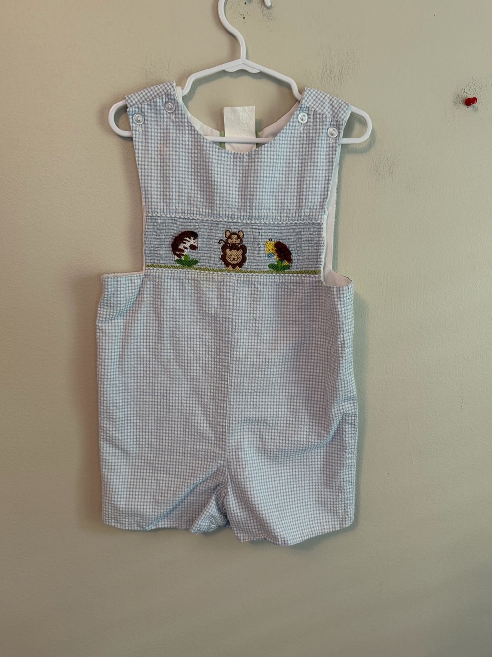 Stellybelly Blue Gingham Smocked Shortall with Woodland Animal Embroidery
